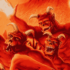 Three imps featured in the Doom videogame cover. GIF.